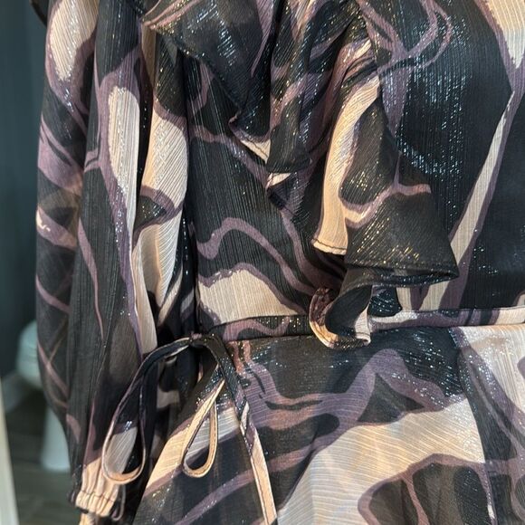 NWT TED BAKER JASMYNA RUFFLE-NECK TOP TIE-WAIST ABSTRACT BLACK MULTI TED SIZE 3 - Picture 3 of 13